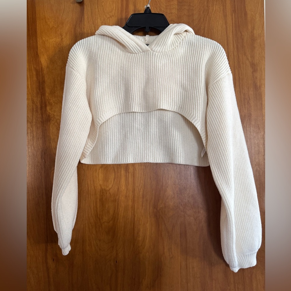 Anthropologie Cream Ribbed Cropped Hoodie